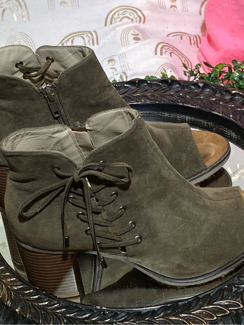 Maurices Olive Green Suede Peep-Toe Lace-Up Block Heel Booties